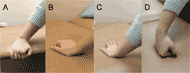 Pictures of recommended and non-recommended placement of the trailing hand when transferring to a wheelchair. Recommended placement shown for those with full grip strength is to grab the edge of the surface (Figure 1A). When the user does not have full strength, the palm is flat on the surface with fingers flexed to maintain a tenodesis grasp (1B). Non-recommended placements show the individual placing the palm flat on the surface without flexed fingers (1C), or using a fist (1D).  